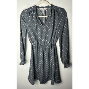H&M Dress Gray White Polka Dot Flowy Long Sleeve V Neck Pullover Women’s Size 0